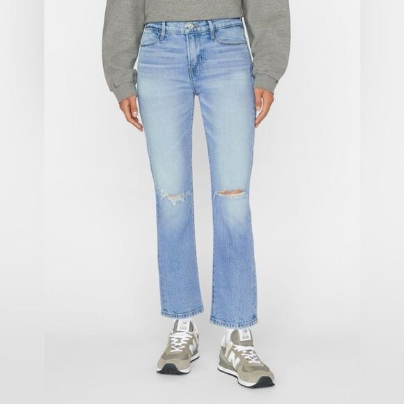 NWT Frame Le High Straight Demarco Rips Denim Blue Jeans‎ Size 33 - Picture 1 of 11